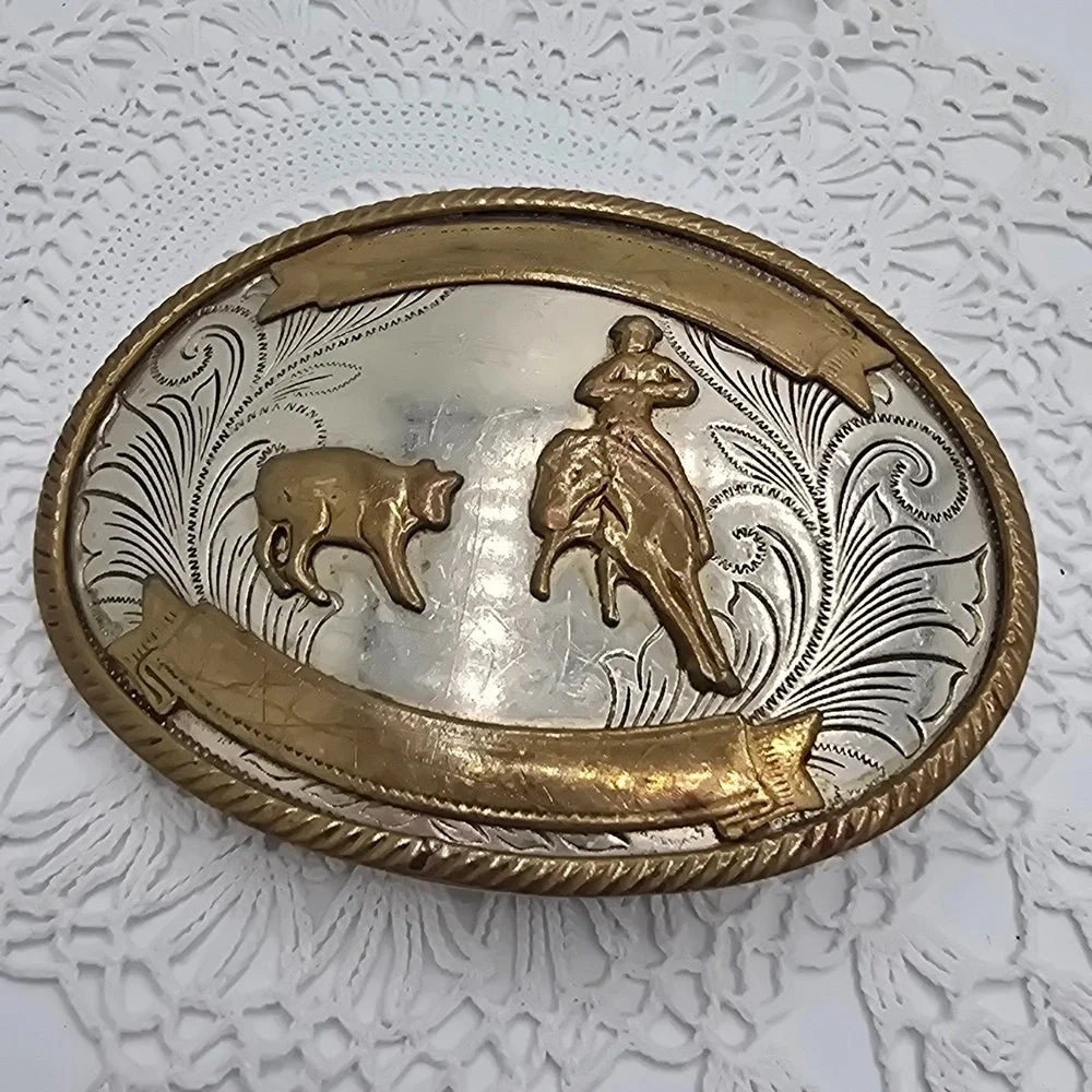 Vintage German Silver Belt Buckle Cowboy Horse Riding Western Scene